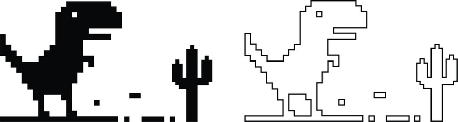 Dinosaur pixel icons set retro game style vector silhouettes and outline illustrations, prehistoric animals, desert cactus scene, isolated design element collection group © WaQar