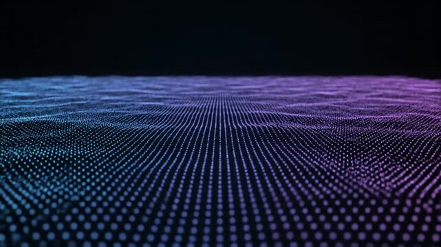 A futuristic digital landscape featuring neon dots in a grid pattern radiating from the center viewed from a low angle