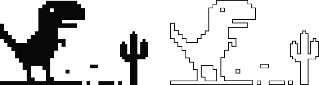 Dinosaur pixel icons set retro game style vector silhouettes and outline illustrations, prehistoric animals, desert cactus scene, isolated design element collection group