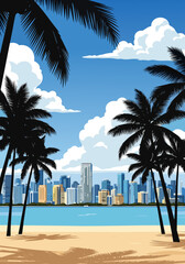 Fototapeta premium Vector illustration of tropical beach with palm trees and city skyline in warm sunlight