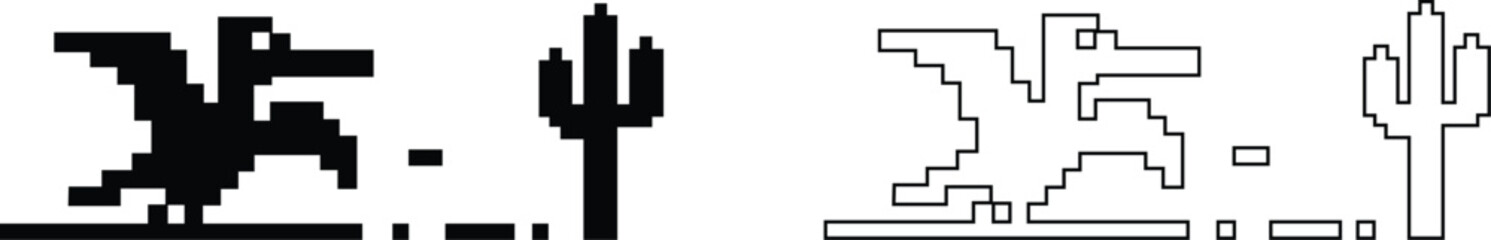 Dinosaur pixel icons set retro game style vector silhouettes and outline illustrations, prehistoric animals, desert cactus scene, isolated design element collection group © WaQar