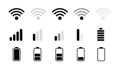 Wi-Fi Icon Set, Vector Illustrations Featuring Wireless Signal, Wi-Fi Zone Signs, Battery Level, Mobile Connection, and Phone System Icons for Digital and App Design.
