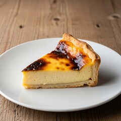 A slice of caramelized egg tart on a white plate
