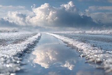 Minimalistic winter landscape featuring icy road surface, reflective puddle, snow, and cloudy sky, evoking cold weather and seasonal atmosphere