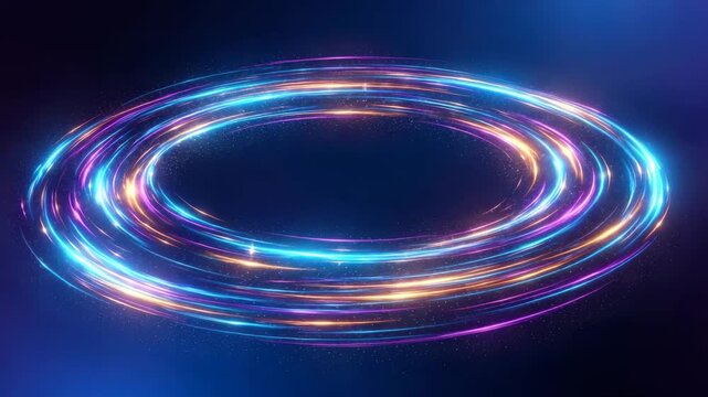Ring-shaped Formation Of Colorful Light Trails Swirling In Dark Blue Space Possibly To Represent Energy Flow Technological Advancement Usable For Digital Artwork Design Background