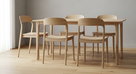 Obraz premium An empty wooden dining table and chairs set in a bright restaurant interior with comfortable furniture and sunlight from a window