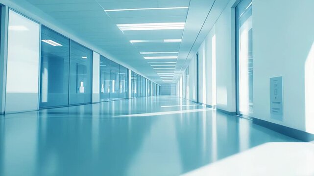 Long, clean, and sterile empty corridor with glass walls and reflective floors in a contemporary medical clinic, capturing a tranquil environment with shafts of direct sunlight and shadow patterns