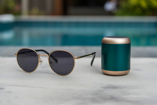 Modern sunglasses and portable speaker beside blue swimming pool water