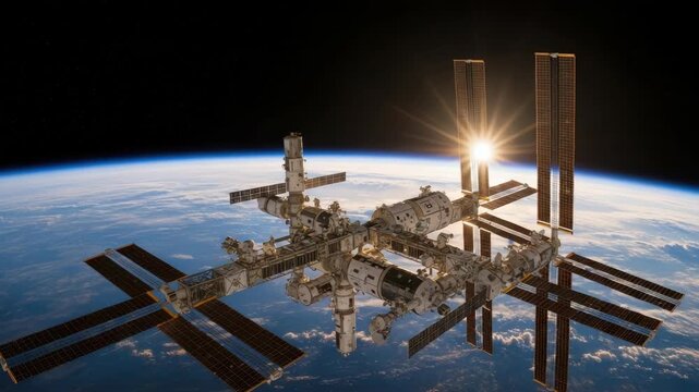 Space Station In Orbit Sun Rising Earths Atmosphere Stars In The Background Showing Science Exploration Future Development Technology Use As Educational Image For Science Presentatio