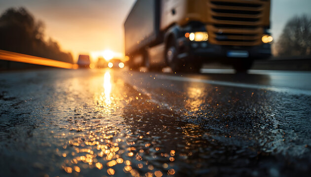 Low angle close up of wet asphalt road surface with blurred truck driving in background during golden hour sunset