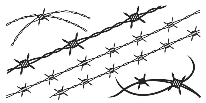 A detailed illustration of a barbed wire fence with sharp barbs and twisted strands. Vector