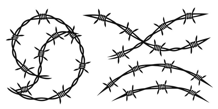 A detailed illustration of barbed wire with sharp, twisted points and curved shapes. Vector