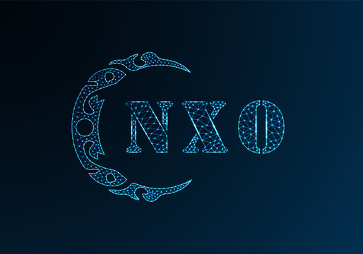 Low poly letter logo NXO design. NXO letter logo low poly vector design on blue color gradient background. NXO logo low poly design