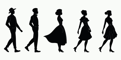 Obraz premium Five stylish women walking in a row showcasing different fashion styles Vector