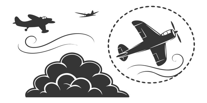 A vintage airplane soars above a cloudy sky with other aircraft in the background. Vector