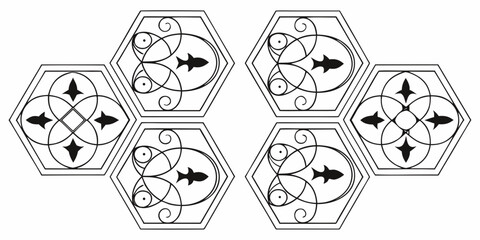 Obraz premium Hexagonal diagrams with arrows and dots representing a network or system. Vector