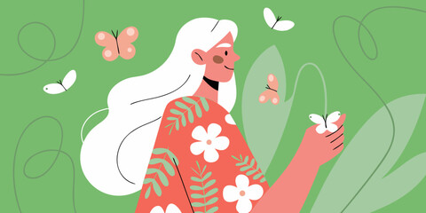 A woman with long hair surrounded by butterflies and lush greenery © Ajay