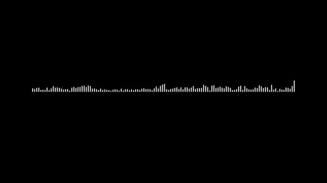 White beat audio wave, sound frequency visualizer, black background 4k clip, music spectrum animation, digital voice equalizer, rhythmic signal movement, abstract audio graphics.