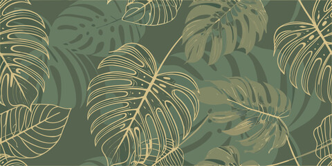 Elegant tropical monstera leaves pattern with golden line art details © Ajay