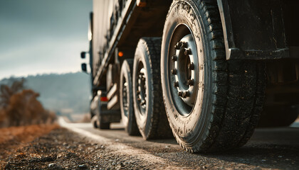 Authentic shot of spinning tires of semi trailer truck driving along a countryside road, closeup shot