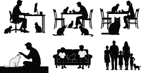 Fototapeta na wymiar Black silhouette of people and their pets black silhouettes cats dogs home