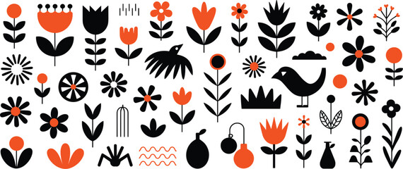 Mid-century modern style floral and bird pattern with orange and black elements mid century modern retro © rayhan039