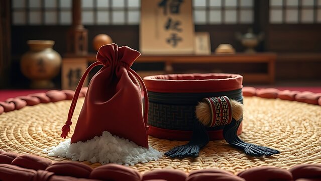 dohyo. Salt pouch and decorative belt on a sumo ring, traditional Japanese elements, ceremonial arrangement. event key visuals.