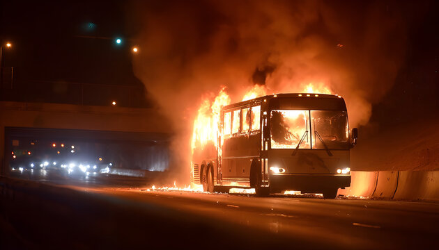 A large bus engulfed in flames, driving down a highway at night