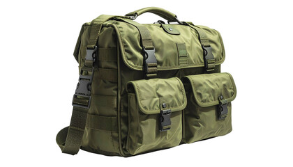 A sturdy, olive-green tactical shoulder bag with multiple compartments and straps