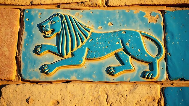 babylonian. Ancient Babylonian wall fragment with a blue glazed brick lion relief. event programs, museum guides, designed for cultural heritage projects and event programs, preserves heritage.