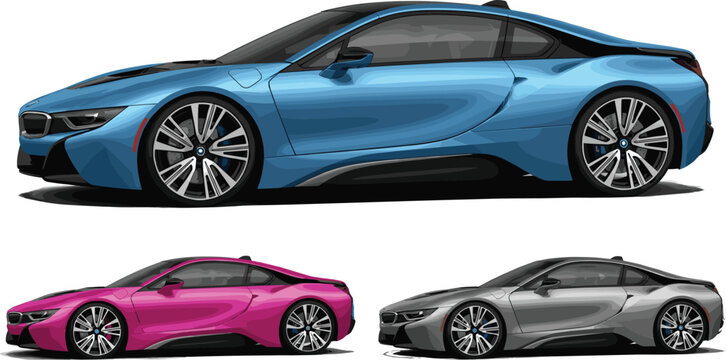 BMW i8 Sports Car in Blue, Pink, and Silver Color Variations on White Background