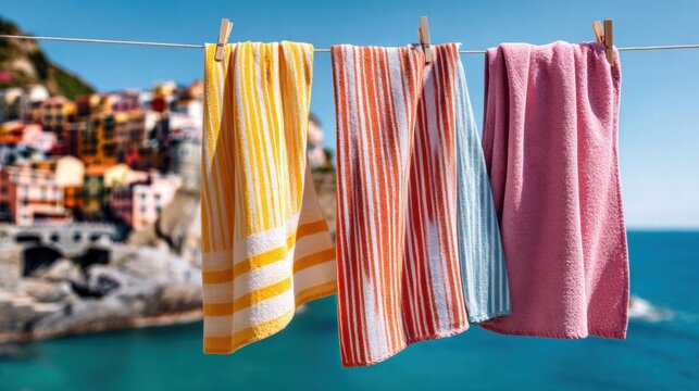 Colorful towels drying on a clothesline with a coastal village in the background.