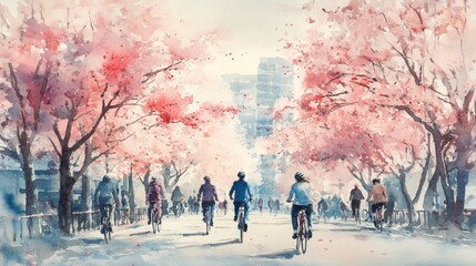 Obraz premium Watercolor of People in city with Cherry blossom blooming flower,Sakura tree or forest side view,Cherry tree spring flower background,elements for environment and garden,botanical in spring season.