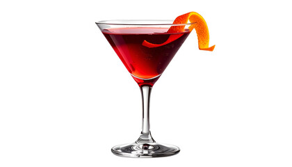 Elegant cocktail in a martini glass with orange peel garnish, set against a black backdrop