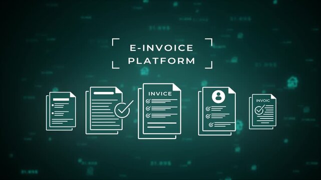 E-invoice platform concept visualized with clean white line of invoices and documents on a dark teal digital background featuring financial data and abstract digital