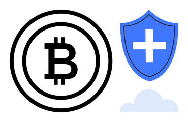 Obraz premium Cryptocurrency, blockchain technology, cybersecurity, financial safety, digital currency, cloud storage. Bitcoin symbol, security shield with cross and cloud icon. Cryptocurrency and blockchain
