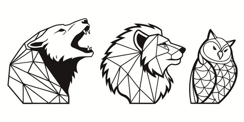 Three stylized wolves depicted in a geometric, faceted design style. Vector © Adobe 