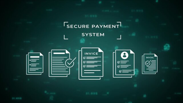 Secure payment system concept illustrated with white line of invoices and financial documents on a dark teal digital background with scattered monetary symbols and data points