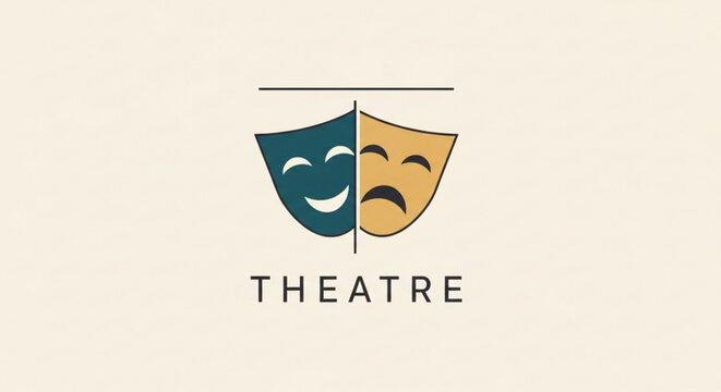 Theatre masks logo with smiling and frowning faces on beige background symbolizing comedy and tragedy