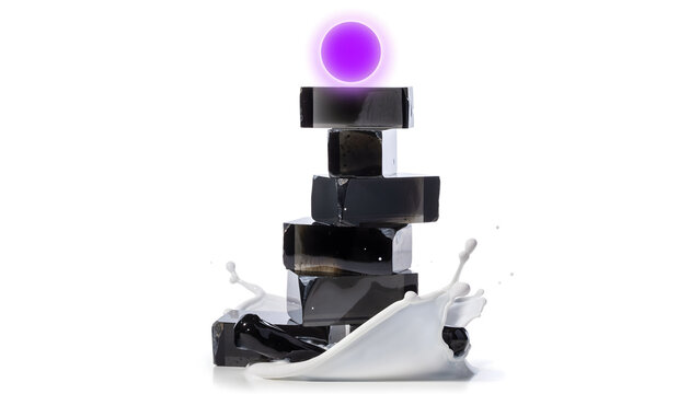 Creativeabstractstackingcubeswithglowingpurplesphereandsplashingliquideffectformoderndesignanddigitalartwork