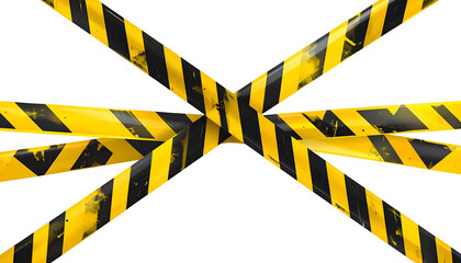 Yellow and black hazard tape crisscrossing against a black background. Warning concept