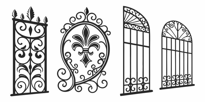 A collection of various wrought iron gate designs with intricate patterns and details Vector