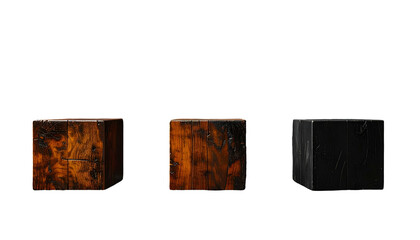 Three weathered wooden cubes, each with a different shade, isolated against a black background