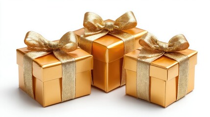 Obraz premium Three luxurious golden gift boxes with shiny ribbons and bows on a white background