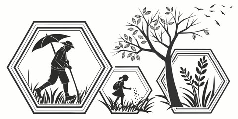 A whimsical illustration of a bear holding an umbrella, a squirrel, and a tree in a hexagonal frame Vector