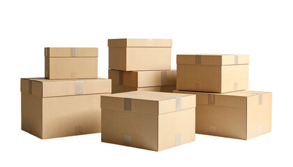 Several stacked, rectangular, brown cardboard boxes, isolated on a black background