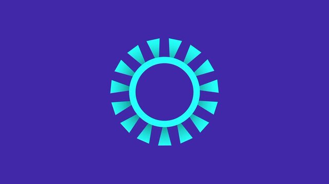 A vibrant cyan sunburst or gear-like circular shape radiates outward against a dark purple backdrop creating a sense of energy and modern movement