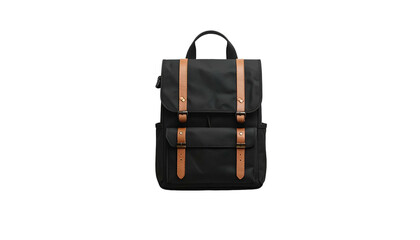 Black and tan backpack with straps and buckles, isolated on a black background