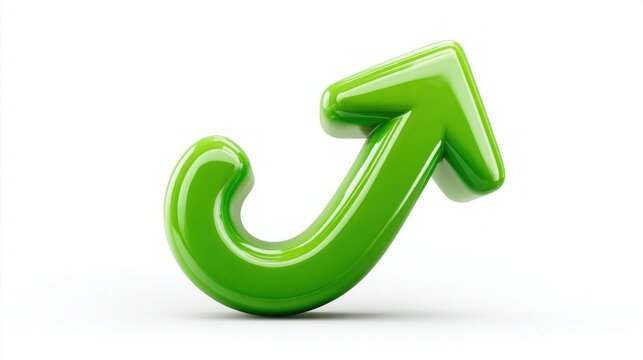 Shiny green arrow curves upward, symbolizing growth and progress on a white background