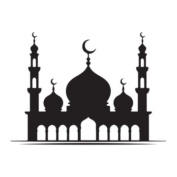 Stylish Islamic mosque night skyline with crescent and bright stars illustration